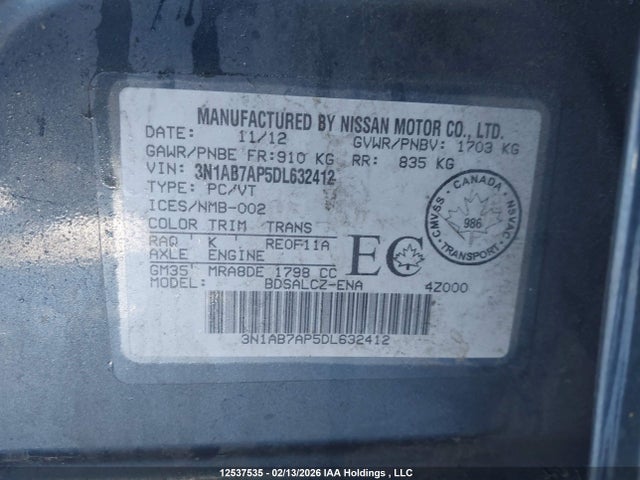 12537535 :رقم المزاد ، 3N1AB7AP5DL632412 vin ، 2013 Nissan Sentra S/sv/sr/sl مزاد بيع