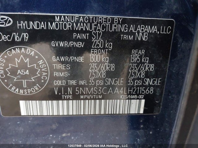 Aukcja sprzedaży 2020 Hyundai Santa Fe Sel/sel Plus, vin: 5NMS3CAA4LH211568, numer aukcji: 12537549