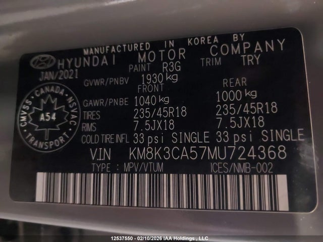KM8K3CA57MU724368 Hyundai Kona Limited