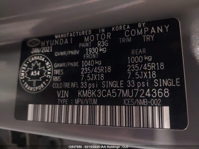 KM8K3CA57MU724368 Hyundai Kona Limited