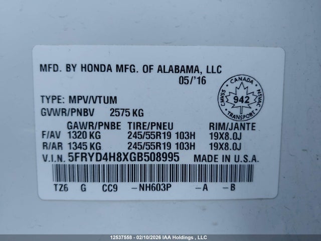 Acura Mdx Elite 2016 5FRYD4H8XGB508995 Image 19