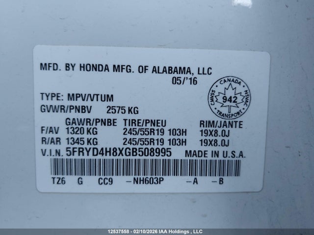 Acura Mdx Elite 2016 5FRYD4H8XGB508995 Image 9