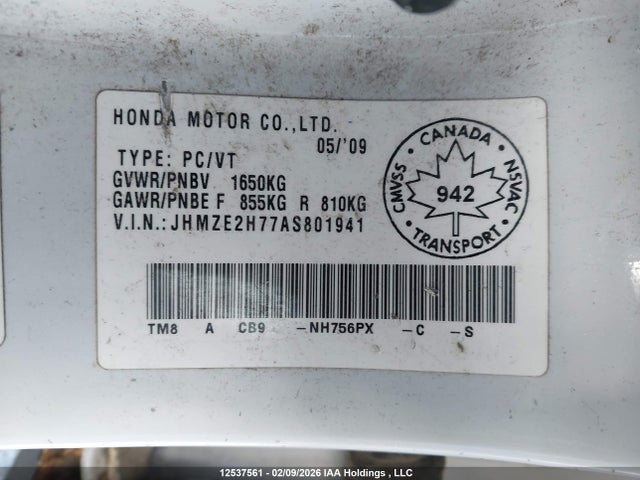 12537561 :رقم المزاد ، JHMZE2H77AS801941 vin ، 2010 Honda Insight مزاد بيع