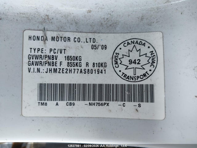 12537561 :رقم المزاد ، JHMZE2H77AS801941 vin ، 2010 Honda Insight مزاد بيع
