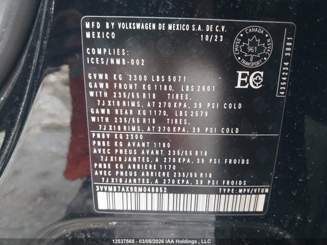 2024 Volkswagen Tiguan Comfortline მანქანა იყიდება აუქციონზე, vin: 3VVMB7AX9RM048852, აუქციონის ნომერი: 12537565