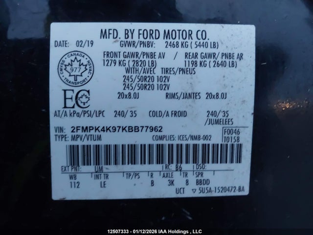 12507333 :رقم المزاد ، 2FMPK4K97KBB77962 vin ، 2019 Ford Edge Titanium مزاد بيع
