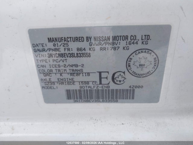 Продаж на аукціоні авто 2025 Nissan Versa Sv, vin: 3N1CN8EV3SL833558, номер лоту: 12537580