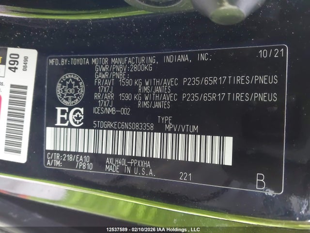 Aukcja sprzedaży 2022 Toyota Sienna, vin: 5TDGRKEC6NS083358, numer aukcji: 12537589