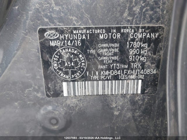 KMHD84LFXHU140834 Hyundai ELANTRA GL