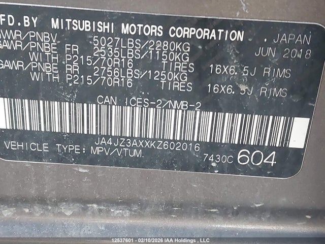 JA4JZ3AXXKZ602016 Mitsubishi Outlander Se/sel/le