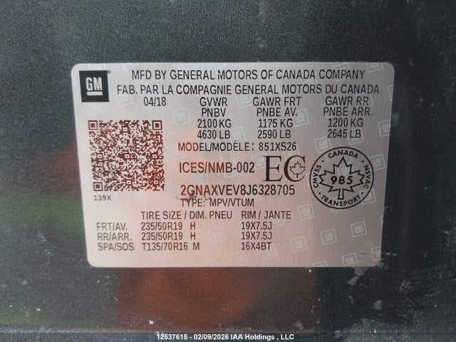 Aukcja sprzedaży 2018 Chevrolet Equinox Premier, vin: 2GNAXVEV8J6328705, numer aukcji: 12537615