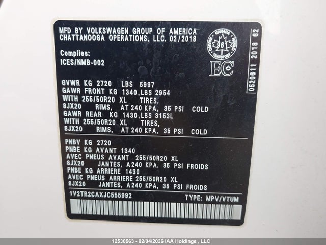 1V2TR2CAXJC555992 Volkswagen Atlas 3.6 Fsi Execline