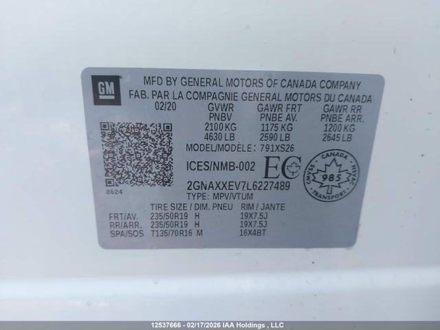 12537666 :رقم المزاد ، 2GNAXXEV7L6227489 vin ، 2020 Chevrolet Equinox Premier مزاد بيع