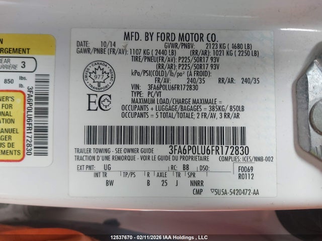 12537670 :رقم المزاد ، 3FA6P0LU6FR172830 vin ، 2015 Ford Fusion Hybrid Se مزاد بيع
