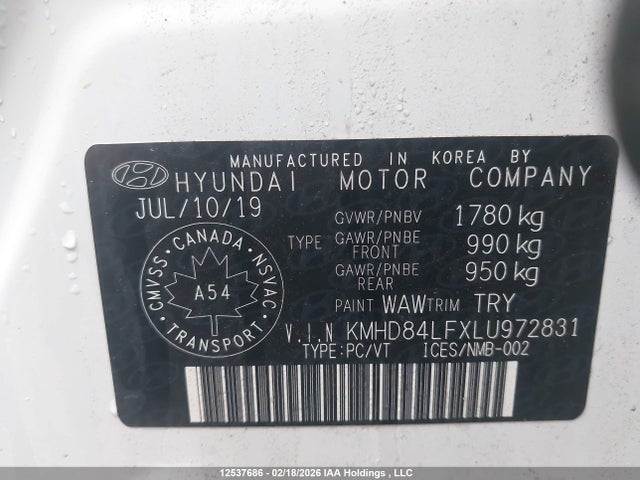 Aukcja sprzedaży 2020 Hyundai Elantra Sel/value/limited, vin: KMHD84LFXLU972831, numer aukcji: 12537686