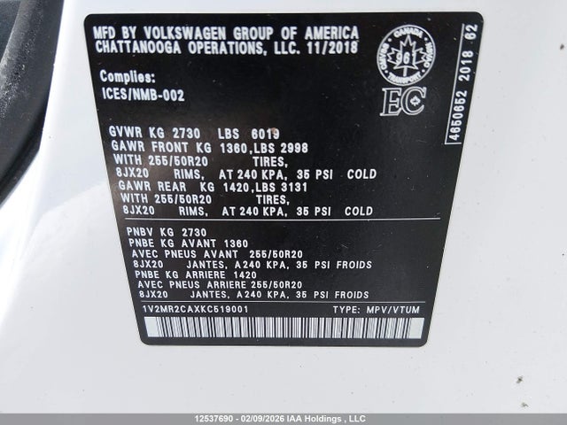 1V2MR2CAXKC519001 Volkswagen Atlas 3.6 Fsi Highline