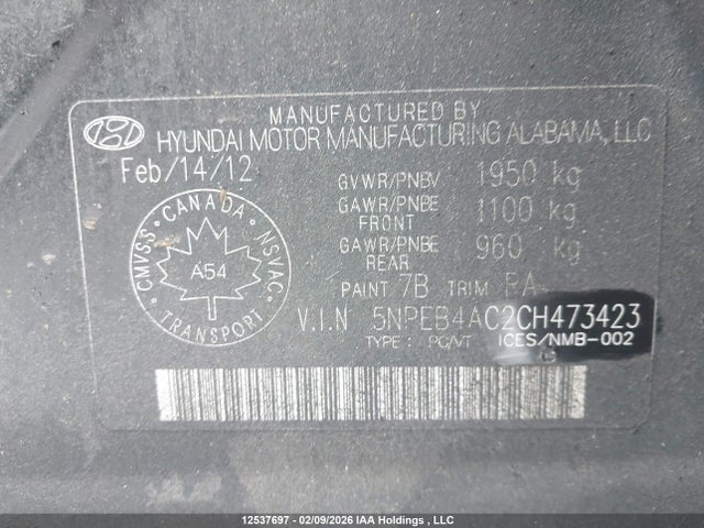 Продаж на аукціоні авто 2012 Hyundai Sonata Gls, vin: 5NPEB4AC2CH473423, номер лоту: 12537697
