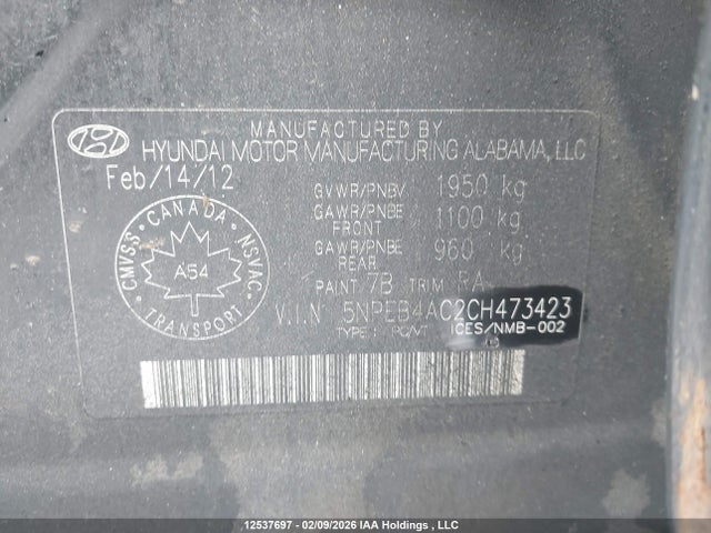 Продаж на аукціоні авто 2012 Hyundai Sonata Gls, vin: 5NPEB4AC2CH473423, номер лоту: 12537697