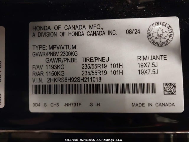 2HKRS6H92SH211018 Honda Cr-v Sport Touring