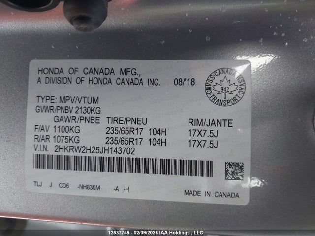 12537745 :رقم المزاد ، 2HKRW2H25JH143702 vin ، 2018 Honda Cr-v Lx مزاد بيع