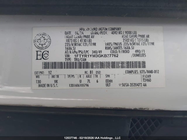 1FTYR1YM3GKB37762 Ford Transit T-250