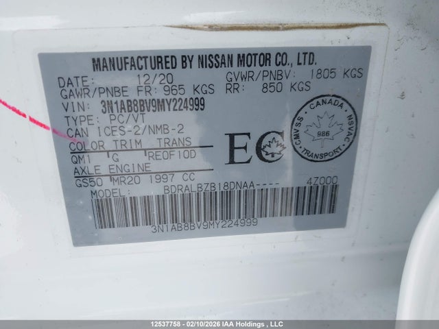 3N1AB8BV9MY224999 Nissan Sentra S/s Plus