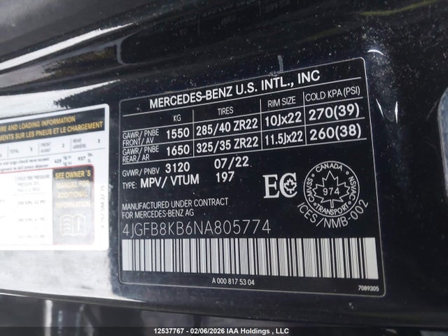 4JGFB8KB6NA805774 Mercedes-Benz Amg Gle 63 S 4matic