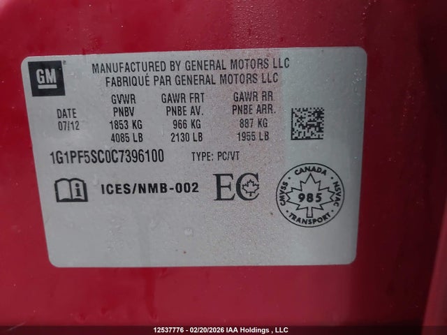 Aukcja sprzedaży 2012 Chevrolet Cruze, vin: 1G1PF5SC0C7396100, numer aukcji: 12537776