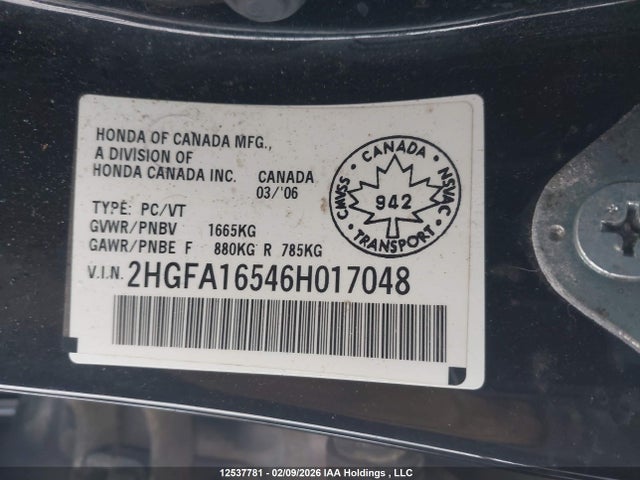 Продаж на аукціоні авто 2006 Honda Civic Lx, vin: 2HGFA16546H017048, номер лоту: 12537781