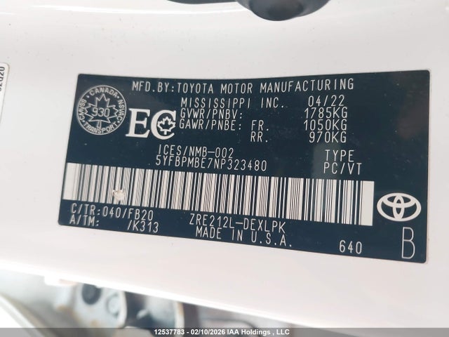 2022 Toyota Corolla Le მანქანა იყიდება აუქციონზე, vin: 5YFBPMBE7NP323480, აუქციონის ნომერი: 12537783