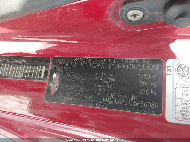 12537785 :رقم المزاد ، KNAFU6A21D5686086 vin ، 2013 Kia Forte Ex مزاد بيع