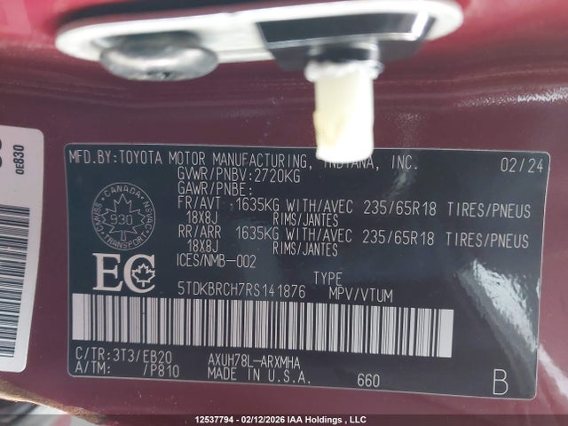 5TDKBRCH7RS141876 Toyota Highlander Hybrid Xle