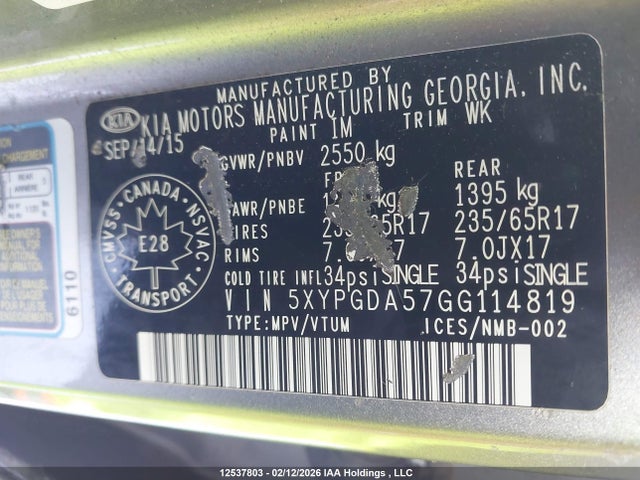 5XYPGDA57GG114819 KIA Sorento Lx/l