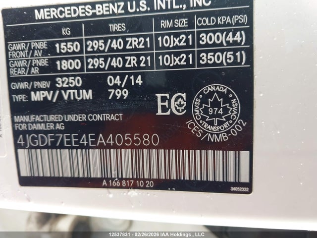 2014 Mercedes-benz Gl 63 Amg მანქანა იყიდება აუქციონზე, vin: 4JGDF7EE4EA405580, აუქციონის ნომერი: 12537831