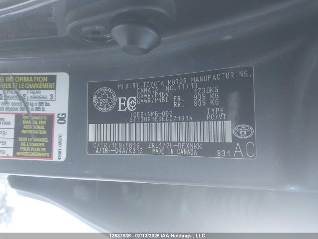 2T1BURHE6EC071914 Toyota Corolla L/le/le Pls/prm/s/s Pls
