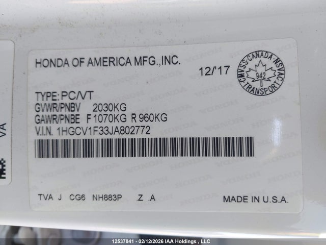 1HGCV1F33JA802772 Honda Accord Sport