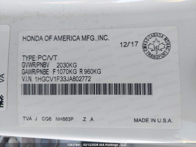 1HGCV1F33JA802772 Honda Accord Sport