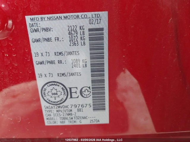 12537862 :رقم المزاد ، 5N1AT2MV0HC797675 vin ، 2017 Nissan Rogue S/sl Platinum/sv مزاد بيع
