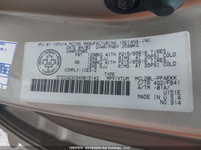 Aukcja sprzedaży 2004 Toyota Sienna, vin: 5TDZA23C64S015143, numer aukcji: 12537874