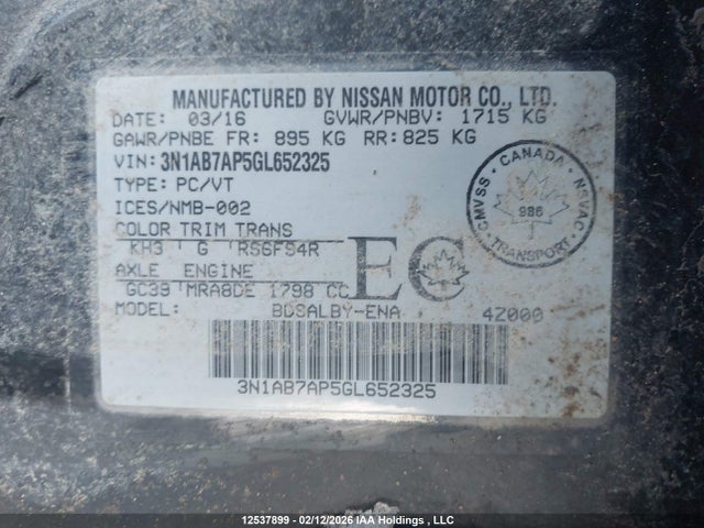 3N1AB7AP5GL652325 Nissan Sentra S/sv/sr/sl