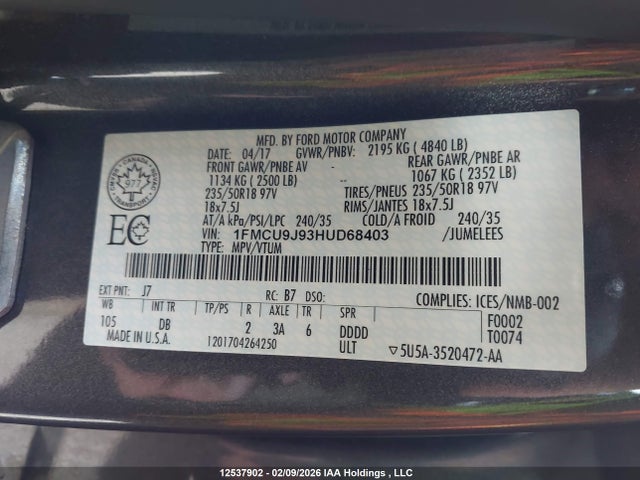 1FMCU9J93HUD68403 Ford Escape Titanium
