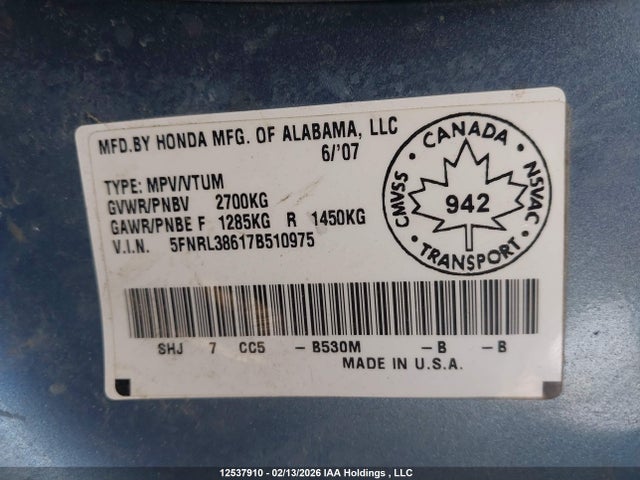 Продаж на аукціоні авто 2007 Honda Odyssey Ex-l, vin: 5FNRL38617B510975, номер лоту: 12537910