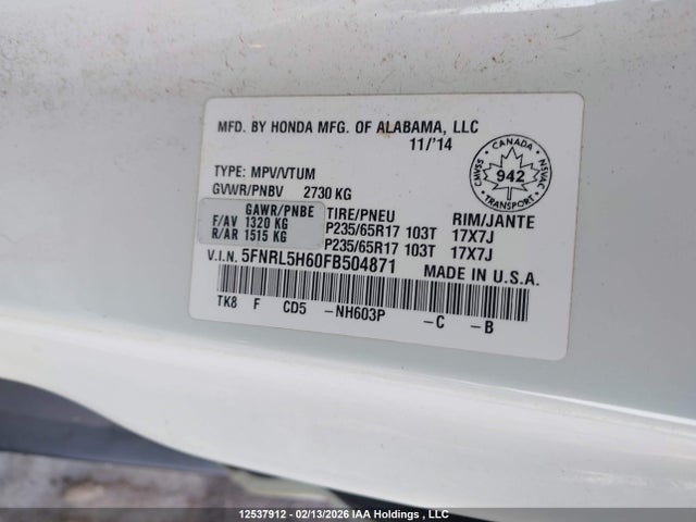 Продаж на аукціоні авто 2015 Honda Odyssey Ex-l, vin: 5FNRL5H60FB504871, номер лоту: 12537912