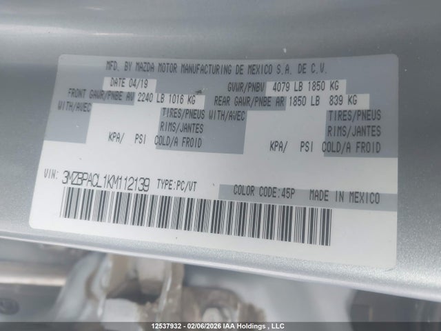 3MZBPACL1KM112139 Mazda Mazda3 Gs