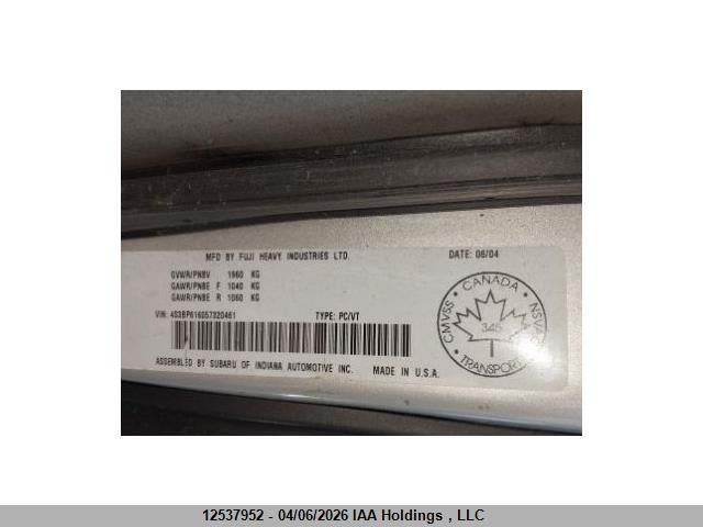 2005 Subaru Legacy მანქანა იყიდება აუქციონზე, vin: 4S3BP616057320461, აუქციონის ნომერი: 12537952