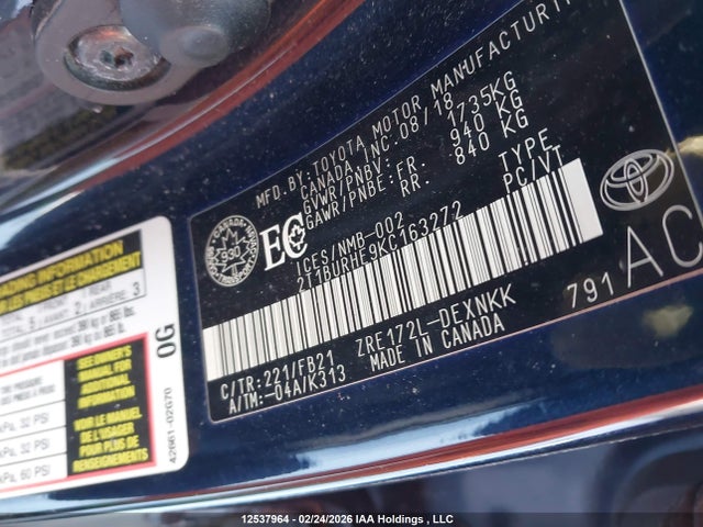 2T1BURHE9KC163272 Toyota COROLLA LE