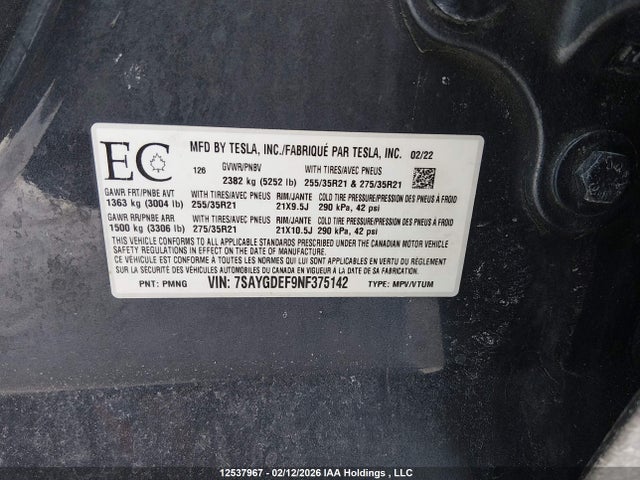Tesla Model Y 2022 7SAYGDEF9NF375142 Image 9