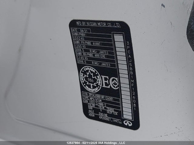 3PCAJ5BB1MF126081 Infiniti Qx50 Luxe/luxe I-line