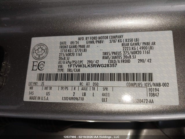 2024 Ford F-150 Lightning Xlt მანქანა იყიდება აუქციონზე, vin: 1FTVW3LK5RWG28357, აუქციონის ნომერი: 12537986