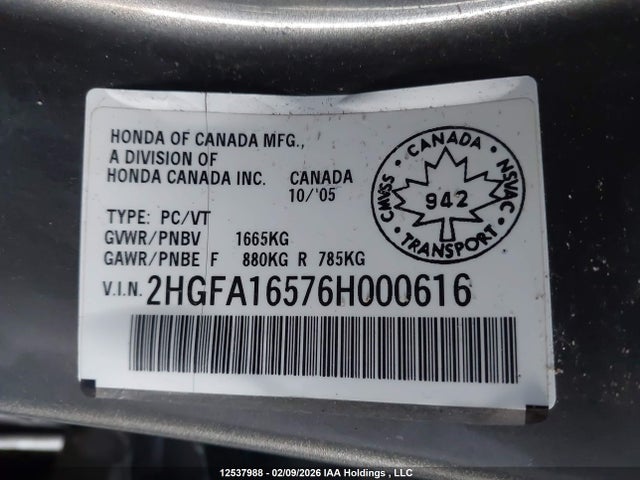 Продажа на аукционе авто 2006 Honda Civic Lx, vin: 2HGFA16576H000616, номер лота: 12537988
